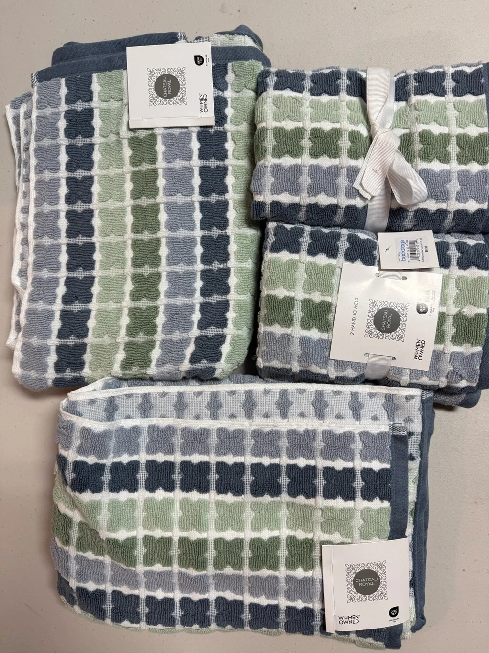 Chateau Royal Green & Blue Patterned Bath Towel Set